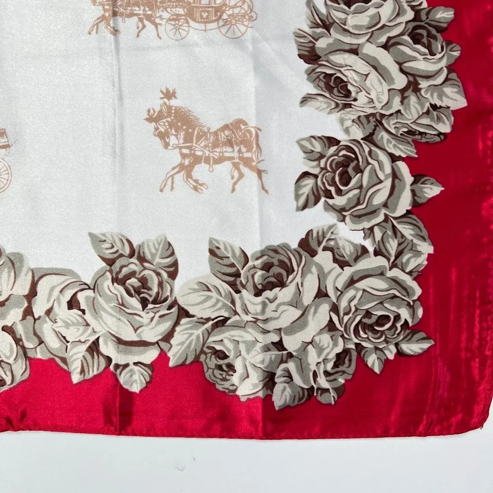 NEW Burgundy Red Ivory Roses and Carriages Printed Square Silky Scarf Wrap